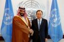 Saudi Arabia's deputy crown prince, Mohammed bin   Salman greets U.N. Secretary-General Ban Ki-moon at the U.N. headquarters in New   York