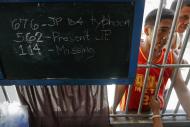 An inmate speaks to his visiting relatives behind a board showing current number of missing prisoners and those in Tacloban City Jail November 19, 2013. Over 103 inmates are still on the loose after escaping Tacloban City Jail when a super typhoon devastated the central Philippines on November 8, flooded the prison and smashed open the main gate. The prisoners had been freed from their cells so that they could seek higher ground, but while some rode the water to the safety of the warden's second floor office, others followed the water out the front door. REUTERS/Damir Sagolj (PHILIPPINES - Tags: DISASTER ENVIRONMENT CRIME LAW)