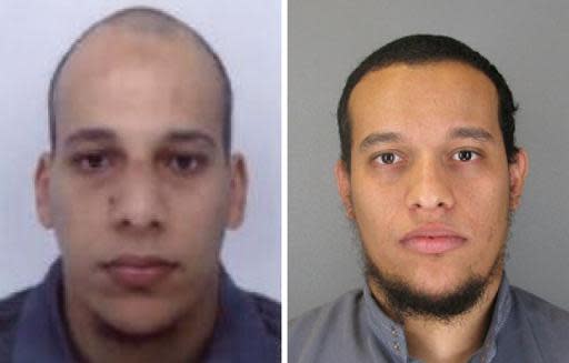 Photos, diffusées le 8 janvier 2015 par la police à Paris, des suspects Cherif Kouachi (g) et son frère Saïd Kouachi (d), recherchés pour l'attentat contre Charlie Hebdo