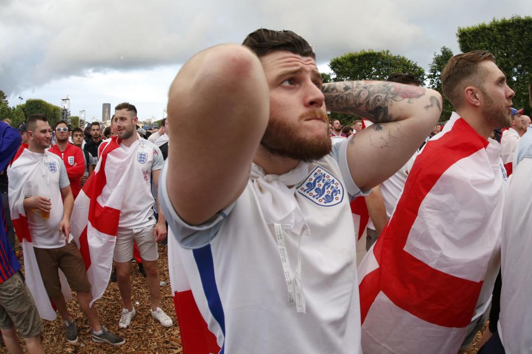 An England fan reacts in the fan zone ahead of a EURO 2016 Round of 16 soccer match in Paris