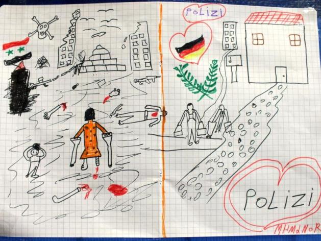 Ein syrisches Mädchen hat Bundespolizisten in Passau ein Bild geschenkt. Darauf sind Kriegseindrücke aus der Heimat und die Ankunft in Deutschland zu sehen. Foto: Bundespolizei