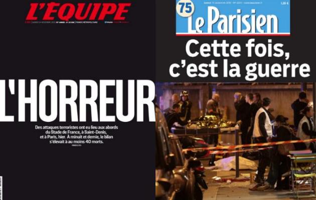 Montage photo des unes du Parisien et de L'Équipe demain, samedi 14 novembre 2015.