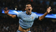 Manchester City's Sergio Aguero celebrates after he scored the winning goal against Bayern Munich during their Champions League Group E soccer match in Manchester, November 25, 2014. REUTERS/Phil Noble (BRITAIN - Tags: SPORT SOCCER TPX IMAGES OF THE DAY)