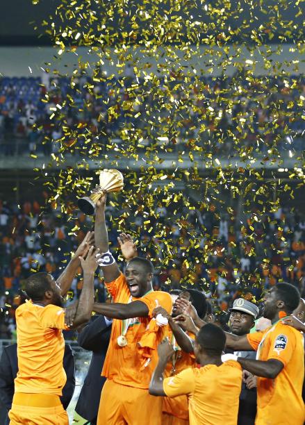 Ivory Coast's captain Yaya Toure celebrates with team mates after winning the African Nations Cup final match against Ghana in Bata