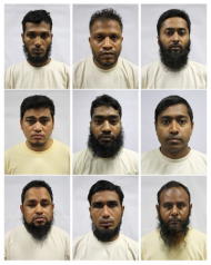 A combination of undated Ministry of Home Affairs handout mugshots, distributed on January 20, 2016, of Bangladeshi construction workers who have been arrested between November 16 and December 1, 2015 under the Internal Security Act in Singapore for supporting Islamist groups including al Qaeda and Islamic State. (Top row L-R) Md Zafor Iqbal Abul Hossain, Md Zahidul Islam, Md Foyej Uddin, (middle row L-R) Mollah Md Shah Alam, Nurul Amin Younus Mulla, Parvej Dolar, Sarder Polash, (bottom row L-R) Sujan Sha Alam, Sumon Md Jakaria Hossen and Tarikuzzaman Rejaul Hossain. REUTERS/Ministry of Home Affairs/Handout