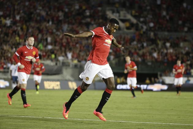 Manchester United's Danny Welbeck celebrates after scoring against the Los Angeles Galaxy during the first half of a friendly soccer match at Rose Bowl on Wednesday, July 23, 2014, in Pasadena, Calif.