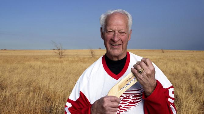 In an undated image provided by Crown Media United States, former Detroit Red Wings hockey great Gordie Howe is seen. A made-for-TV movie, &quot;Mr. Hockey: The Gordie Howe Story,&quot; focuses on the season the Hall-of-Famer teamed up with his sons in Houston. The U.S. premiere of the film is Saturday, May 4, 2013