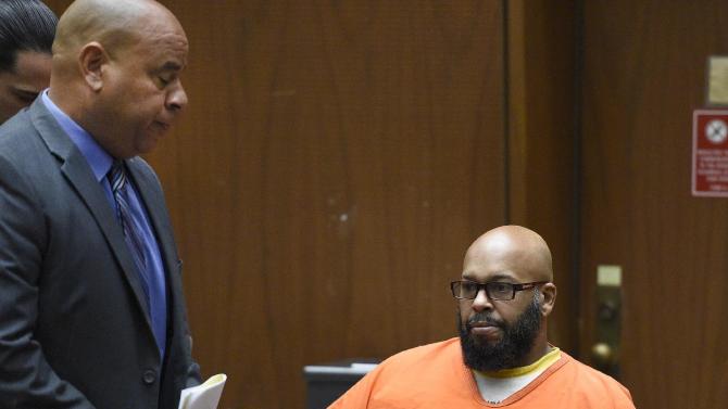 FILE - In this Monday, March 9, 2015 file photo, Marion &quot;Suge&quot; Knight, right, appears with his attorney Matthew Fletcher, left, in court for a hearing about evidence in his murder case in Los Angeles, Calif.  Los Angeles prosecutors are asking a judge to set bail in a murder case against the former rap music mogul Knight at $25 million citing his violent history. The motion filed by Deputy District Attorney Cynthia Barnes on Thursday, March 19, 2015, cites 31 incidents in which Knight is accused of threatening others or using violence.  (AP Photo/Kevork Djansezian, Pool, File)