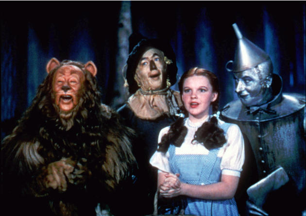 FILE - In this 1939 file photo originally released by Warner Bros., from left, Bert Lahr as the Cowardly Lion, Ray Bolger as the Scarecrow, Judy Garland as Dorothy, and Jack Haley as the Tin Woodman, 