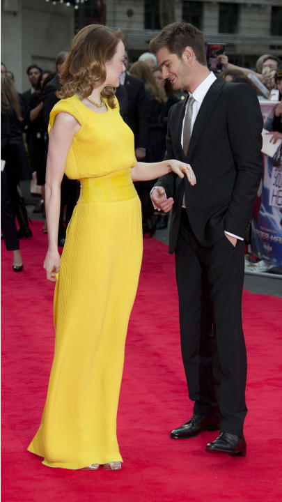Actors Emma Stone and Andrew Garfield arrive for the World premiere of The Amazing Spiderman 2, at a central London cinema in Leicester Square, Thursday, April 10, 2014. (Photo by Joel Ryan/Invision/A