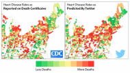 美國研究顯示，透過社群網站「推特」內容推估的「冠狀動脈心臟病」死亡率（右），幾乎與官方統計的死亡率（左）如出一轍。（photo by www.upenn.edu）