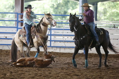 Wade Earp, 49, (R) competes in the calf roping event at the International Gay Rodeo Association's Rodeo In the Rock in Little Rock, Arkansas, United States April 25, 2015. REUTERS/Lucy Nicholson