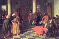 This painting, "Vlad the Impaler and the Turkish Envoys," by Theodor Aman (1831-1891), allegedly depicts a scene in which Vlad III nails the turbans of these Ottoman diplomats to their heads.