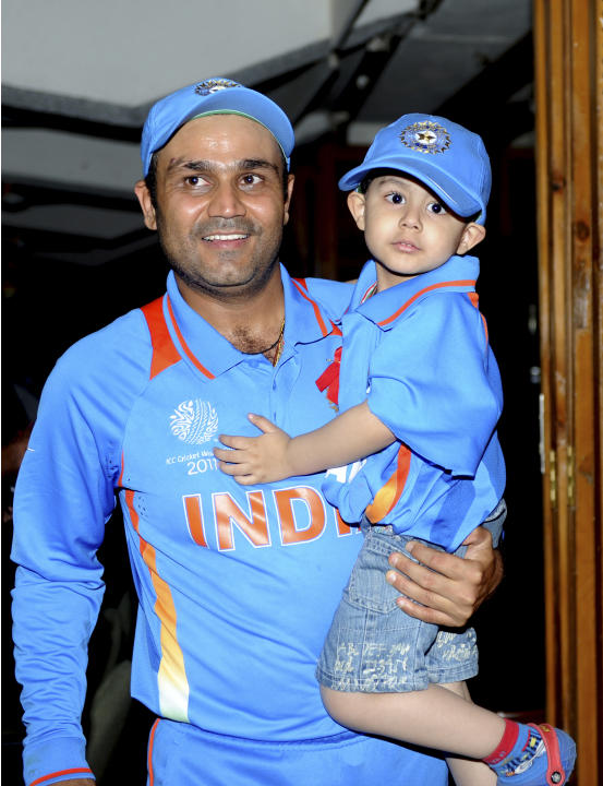 Indian batsman Virender Sehwag celebrate