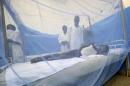 Un enfant malade allongé sous une moustiquaire dans un hôpital d'Abidjan le 24 avril 2015