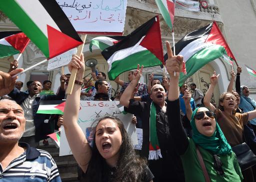 Tunisians hold Palestinian flags as they protest against the Israeli attack on Gaza Strip in Tunis on July 11, 2014