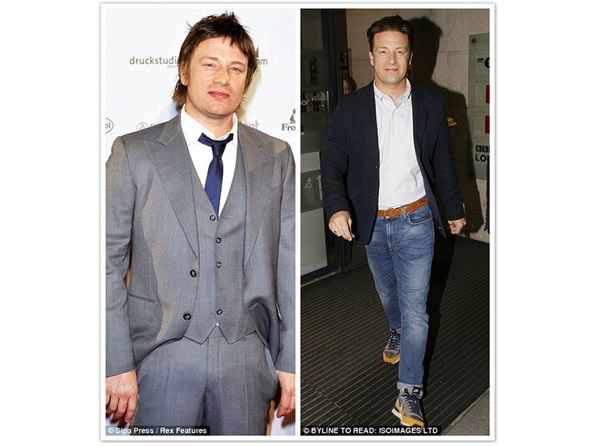 英國知名主廚傑米‧奧利佛（Jamie Oliver）於2010年時身形較豐腴（圖左），今年5月時（圖右）看起來比較苗條。（圖片／取材自《每日郵報》Daily Mail）