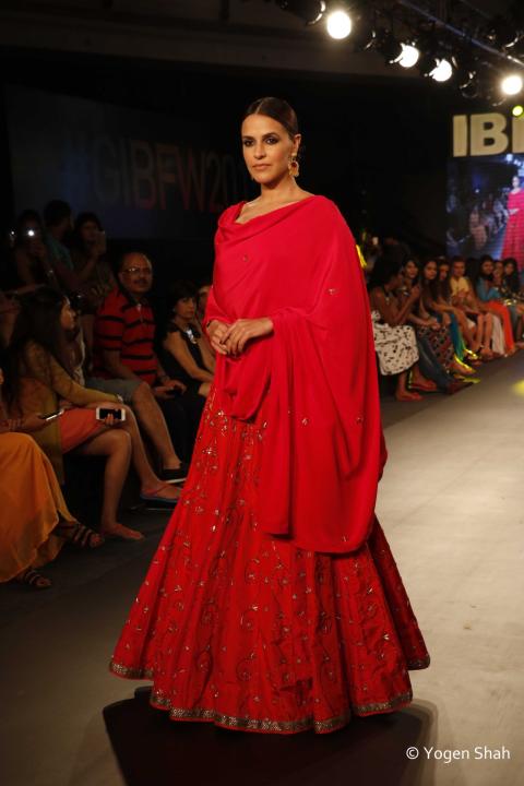 Neha Dhupia walks the ramp for designer Sangeeta Sharma at the Gionee India Beach Fashion Week 2015 in Goa.