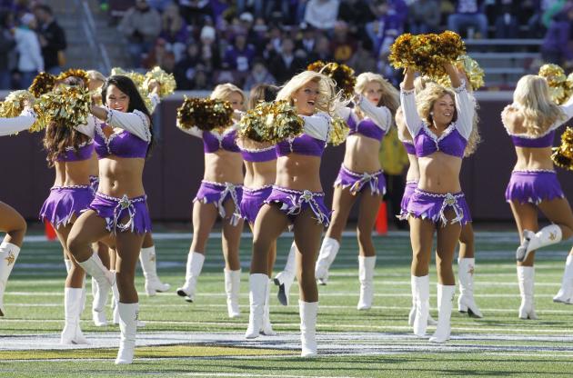 Minnesota Vikings cheerleaders perform during the first half of an NFL football game against the Washington Redskins, Sunday, Nov. 2, 2014, in Minneapolis. (AP Photo/Ann Heisenfelt)