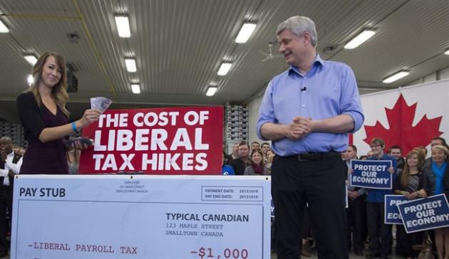 Conservative Leader Stephen Harper looks on as Nicole Ropp throws money on the counter as they illustrate how Liberal tax hikes will affect Canadians during a Conservative campaign event at an apple farm in Waterloo, Ont., Monday, Oct. 12, 2015. THE CANADIAN PRESS/Jonathan Hayward