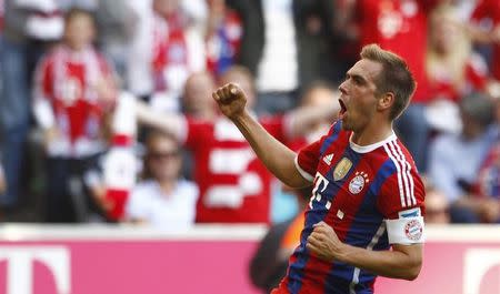 Bayern Munich's Lahm celebrates goal against Werder Bremen during German Bundesliga first division soccer match in Munich