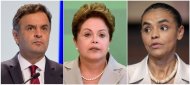 Combinación de imágenes que muestran al candidato por la Presidencia de Brasil por el partido Social Demócrata, Aecio Neves, de la aspirante a la reelección, Dilma Rousseff, y de la candidata por el partido socialista, Marina Silva