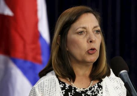 U.S. Division of the Ministry of Foreign Affairs Director General Josefina Vidal speaks at a news conference in Washington, after the fourth round of U.S.-Cuba talks to re-establish diplomatic relations and re-open embassies, May 22, 2015. REUTERS/Yuri Gripas