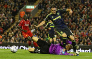 Middlesbrough's Adam Reach goes past Liverpool's goalkeeper, Simon Mignolet, grounded, during the English League Cup Third Round match Liverpool against Middlesbrough at Anfield, Liverpool, England, Tuesday Sept. 23, 2014. (AP Photo/PA, Peter Byrne) UNITED KINGDOM OUT NO SALES NO ARCHIVE