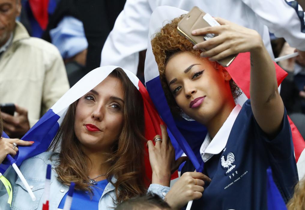 Wife of France's Kingsley Coman, Sephora Coman (R) in the stands