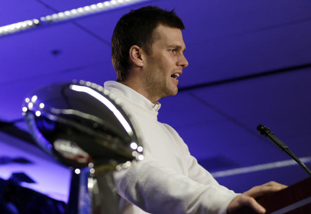 New England Patriots quarterback Tom Brady speaks during a news conference after the NFL Super Bowl XLIX football game Monday, Feb. 2, 2015, in Phoenix, Ariz. The Patriots beat the Seattle Seahawks 28
