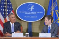 US President Barack Obama takes part in a briefing on the outbreak of the Ebola virus in West Africa, with CDC Director Tom Frieden (R) during a visit to the Centers for Disease Control and Prevention on September 16, 2014 in Atlanta, Georgia