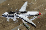 FILE - In this July 6, 2013 aerial file photo, the wreckage of Asiana Flight 214 lies on the ground after it crashed at the San Francisco International Airport, in San Francisco. Asiana Airlines says the Boeing 777 that crashed at San Francisco International Airport had inadequate warning systems to alert the crew to problems with air speed. In a filing with the National Transportation Safety Board released on Monday March 31, 2014, the airline says there was no indication that the plane's autothrottle had stopped maintaining the set air speed. (AP Photo/Marcio Jose Sanchez, file)