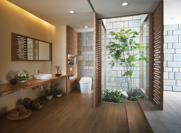 在浴廁栽種室內植物可淨化室內空氣、吸收濕氣異味、增加綠意明亮感。