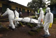 Medical staff members of the Croix Rouge NGO carry the corpse of a victim of Ebola on a stretcher, after collecting it from a house in Monrovia, on September 29, 2014
