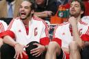 Chicago Bulls center Joakim Noah, left, and forward Pau Gasol (16) react as they watch from the bench in the waning minutes of an NBA basketball game against the Brooklyn Nets at the Barclays Center, Sunday, Nov. 30, 2014, in New York. The Bulls defeated the Nets 102-84. (AP Photo/Kathy Willens)