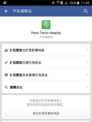 而Facebook啟動「平安通報站」功能，協助確認位於當地的親友是否安全，如果你正在巴黎，也可以 借助這個功能儘快向大家報平安。