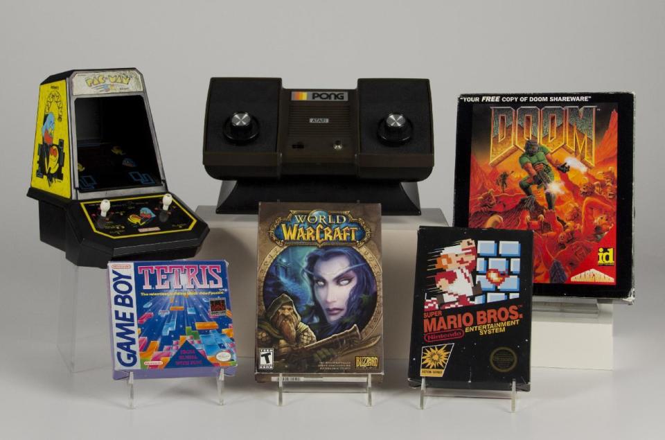 In this May 17, 2015 photo provided by the Strong Museum, shows video games to be inducted into the World Video Game Hall of Fame on Thursday, June 4,...