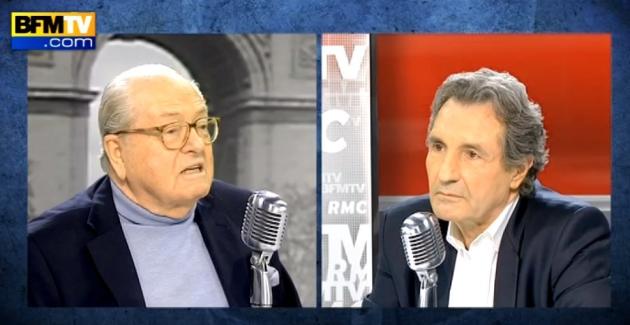 Face à Jean-Jacques Bourdin sur BFMTV, Jean-Marie Le Pen répète les propos qui lui ont valu l'opprobre de toute la classe politique