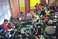 Norza (seated right) and BAM general manager Kenny Goh take questions from the Press but stopped short from revealing the name of the player involved in the doping saga. — Picture by Firdaus Latif