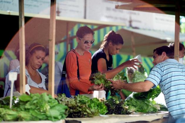 Clientes eligen vegetales en un mercado orgánico de Rio de Janeiro el 26 de mayo de 2015