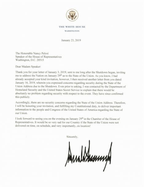 图片：白宫于2019年1月23日从特朗普总统向众议院议长南希佩洛西发出这封信。（白宫）