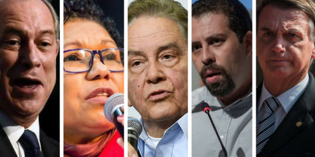 Ciro Gomes (PDT), Vera Lúcia (PSTU), Paulo Rabello (PSC), Guilherme Boulos (PSOL) e Jair Bolsonaro (PSL).