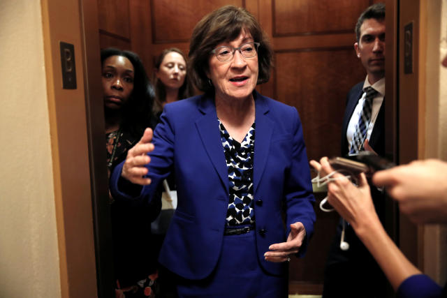 Sen. Susan Collins, R-Maine, talks to reporters about the Supreme Court nomination of Brett Kavanaugh in the wake of a woman’s accusation that Kavanaugh sexually assaulted her 36 years ago. (Photo: Mike Segar/Reuters)