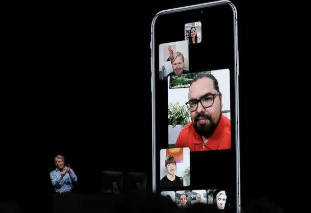 PHOTO: Craig Federighi, Apple's senior vice president of Software Engineering, speaks about group FaceTime during an announcement of new products at the Apple Worldwide Developers Conference, June 4, 2018, in San Jose, Calif. (Marcio Jose Sanchez/AP)