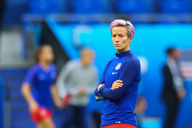 LYON, FRANCE - JULY 02: Megan Rapinoe of USA looks on during the pre-match warm-up ahead of the 2019 FIFA Women's World Cup France Semi Final match between England and USA at Stade de Lyon on July 2, 2019 in Lyon, France. (Photo by Craig Mercer/MB Media/Getty Images)