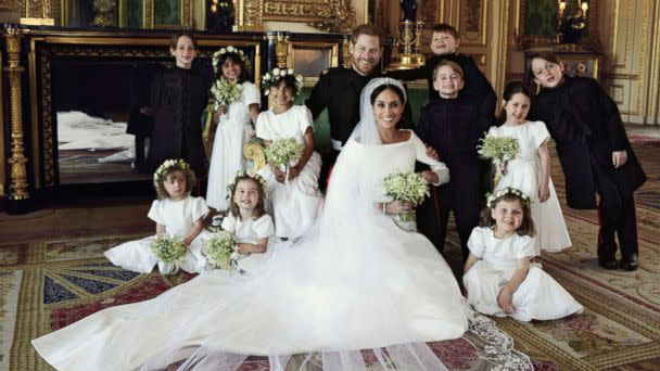 PHOTO: An official wedding photo of Britain's Prince Harry and Meghan Markle, with their wedding party at Windsor Castle in Windsor, England, May 19, 2018. (Alexi Lubomirski/Kensington Palace via AP)