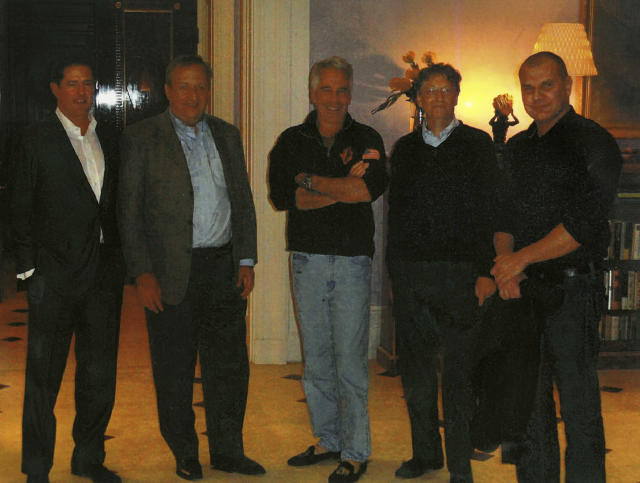 Bill Gates, second right, and other guests at Jeffrey Epstein’s Manhattan mansion in 2011. (Handout via The New York Times)