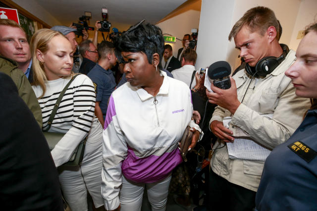 Renee Black (C), mother of US rapper ASAP Rocky, returns to the district court in Stockholm after lunch, July 30, 2019. - The 30-year-old artist, whose real name is Rakim Mayers, was arrested on July 3, 2019 along with three other people, following a street brawl in Stockholm on June 30. The musician's detention has stirred diplomatic tensions and fan outrage. (Photo by Fredrik PERSSON / TT News Agency / AFP) / Sweden OUT (Photo credit should read FREDRIK PERSSON/AFP/Getty Images)