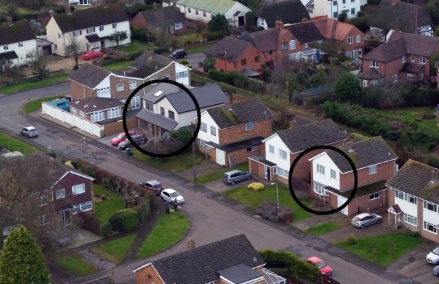 EDITORS NOTE: Houses ringed by PA Picture for easier identification. File photo dated 16/01/2018 of an aerial view of Manor Park in Maids Moreton, Buckinghamshire of the former homes of Peter Farquhar (left) and Ann Moore-Martin (right) as church warden Benjamin Field and magician Martyn Smith are to go on trial accused of plotting the murders of the pensioners who lived three doors from each other in the village.