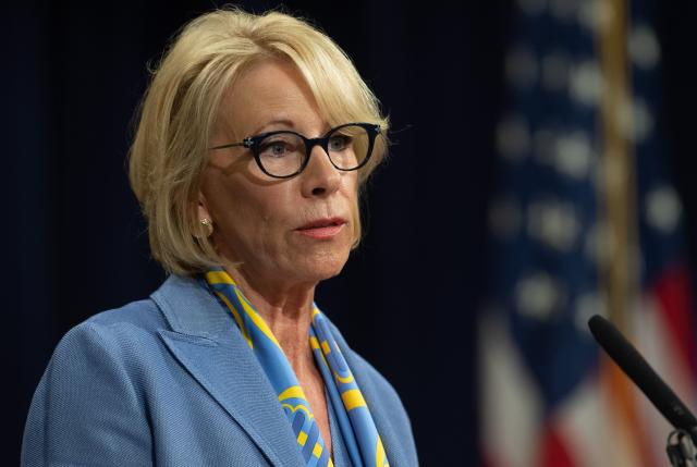 US Secretary of Education Betsy DeVos speaks during the Summit on Combating Anti-Semitism at the Department of Justice in Washington, DC, July 15, 2019. (Photo by SAUL LOEB / AFP) (Photo credit should read SAUL LOEB/AFP/Getty Images)